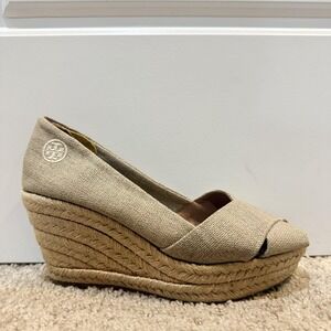 Tory Burch Shoes Womens Size 6.5 Beige Linen Espadrille Wedge Peep Toe Logo